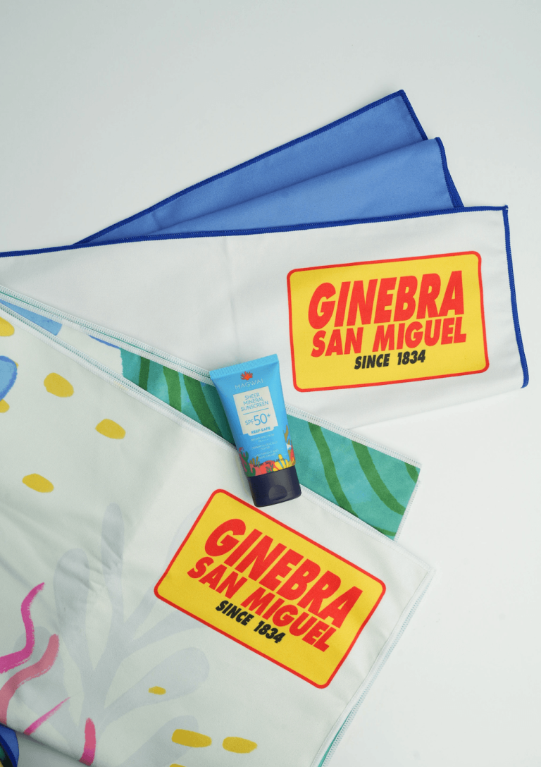 MAGWAI Custom Towel for Client Ginebra San Miguel, recycled from plastic bottles, microfiber cloth, absorbent and quick-drying, sand-proof. Perfect sustainable corporate gift for PR events, VIP clients, tema-building, employee welcome kits.