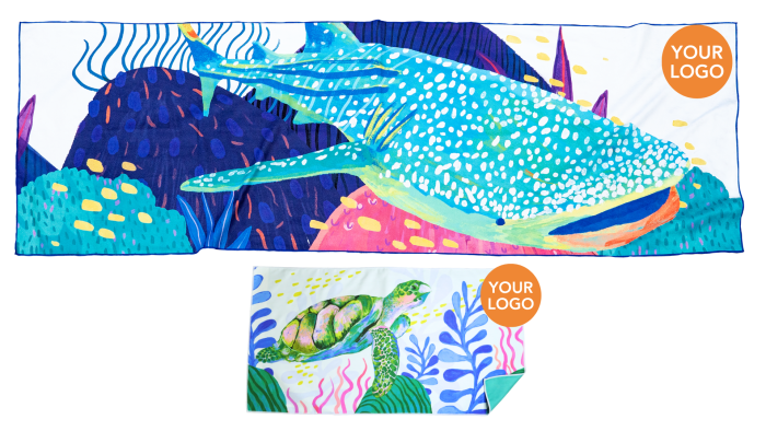 MAGWAI Quick-Drying Towels made with microfiber plastic recycled bottles. Available in beach towel size and hand or face towel size. Absorbent and quick-drying, sand-proof, multipurpose for beach, gym, bath or shower, Travel-friendly. Customizable with your company logo for corporate giveaways and corporate gifting.