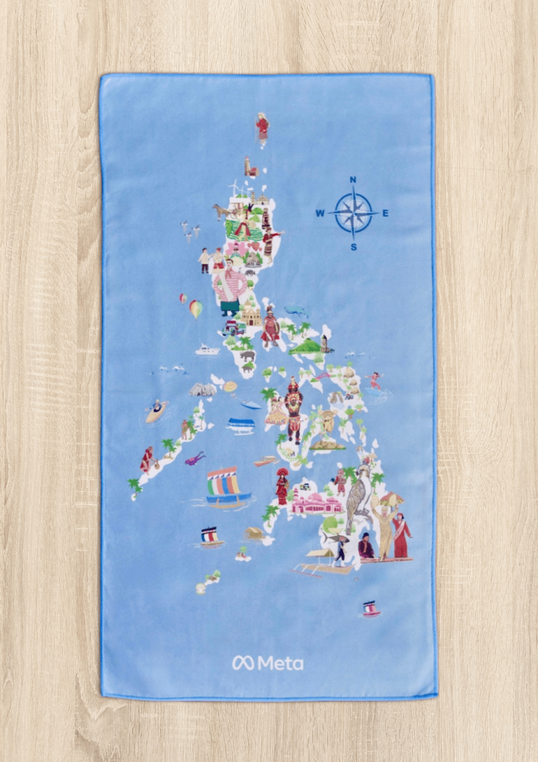 MAGWAI Custom Towel for Client Meta, recycled from plastic bottles, microfiber cloth, absorbent and quick-drying, sand-proof. Perfect sustainable corporate gift for PR events, VIP clients, tema-building, employee welcome kits.