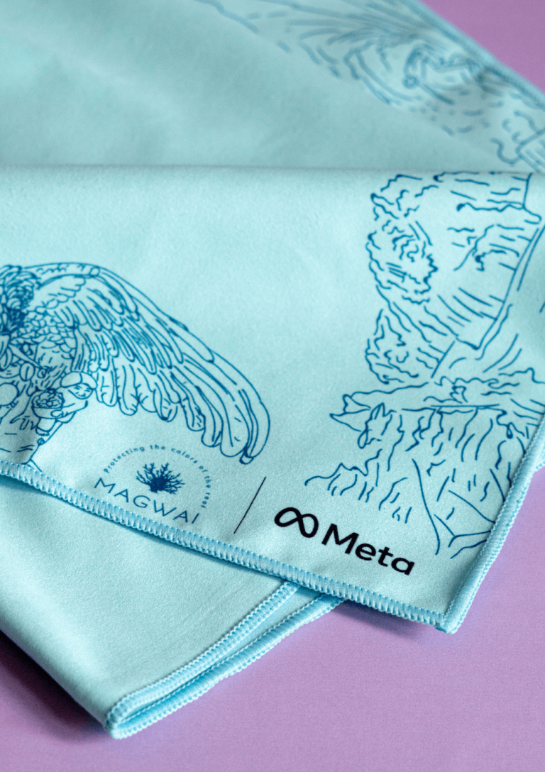 MAGWAI Custom Towel for Client Meta, recycled from plastic bottles, microfiber cloth, absorbent and quick-drying, sand-proof. Perfect sustainable corporate gift for PR events, VIP clients, tema-building, employee welcome kits.