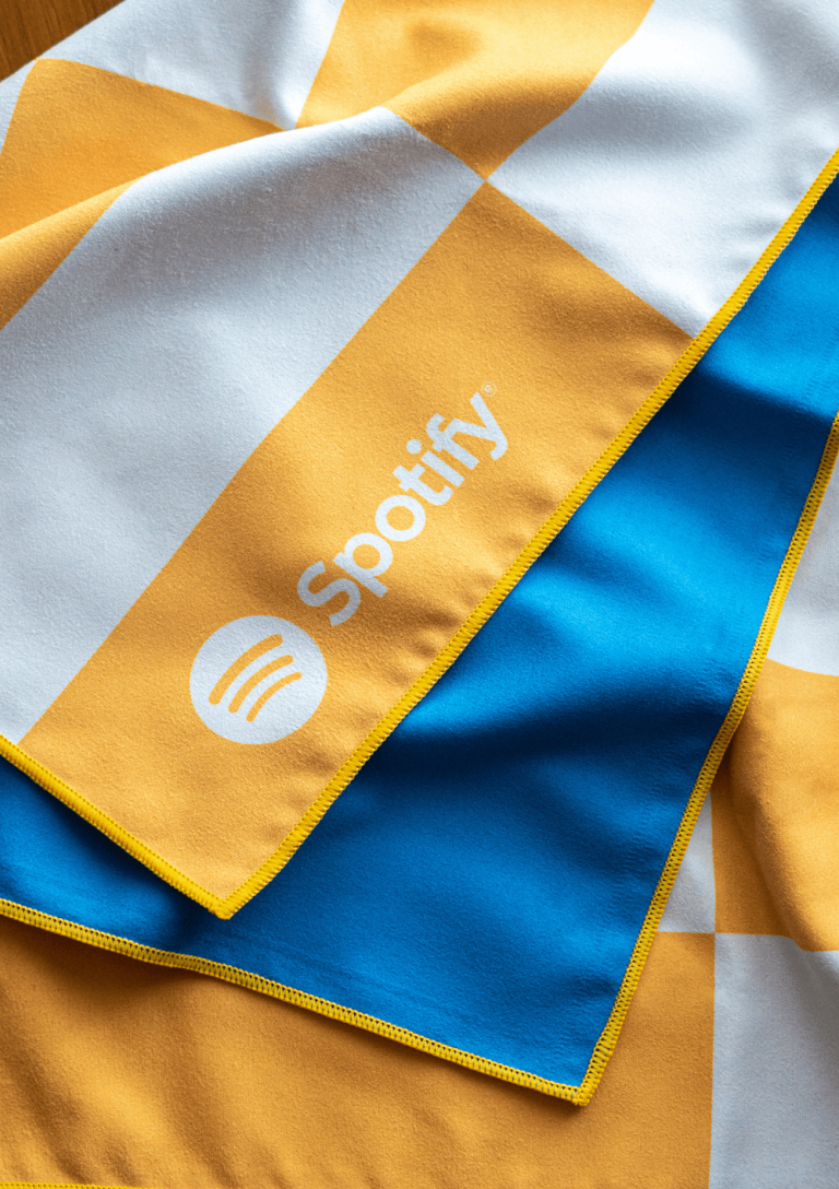 MAGWAI Custom Towel for Client Spotify, recycled from plastic bottles, microfiber cloth, absorbent and quick-drying, sand-proof. Perfect sustainable corporate gift for PR events, VIP clients, tema-building, employee welcome kits.